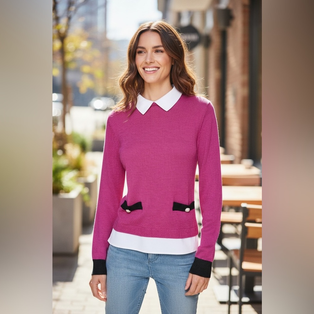 NWT Karl Lagerfeld Paris Women's French Fuchsia Layered-Look Sweater Size M